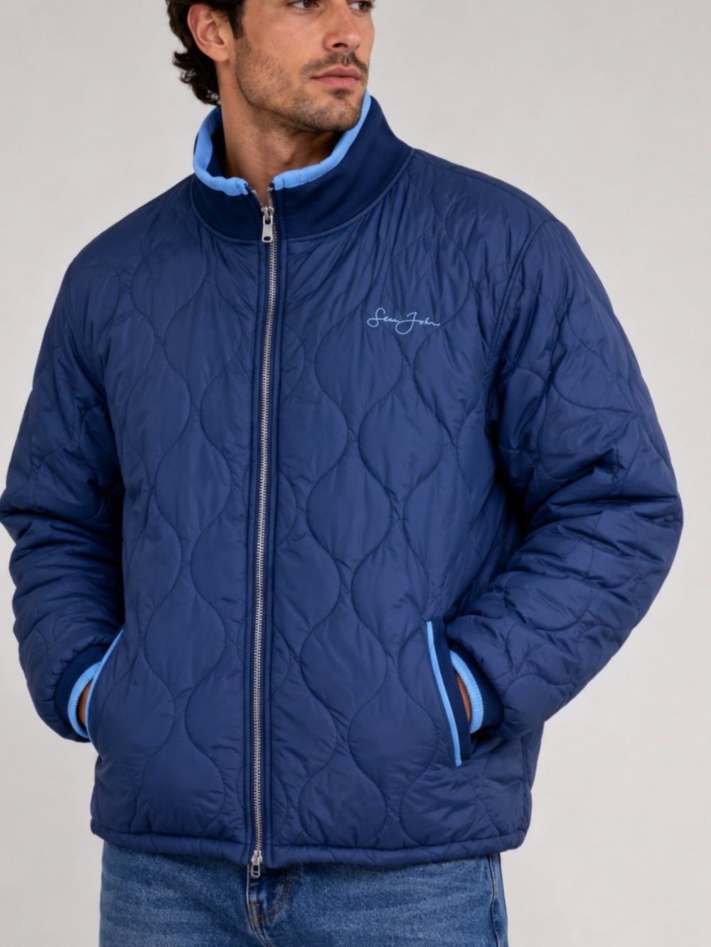 Vintage Sean John Y2K Blue Reversible Aviator Bomber Zip Puffer Jacket (L)